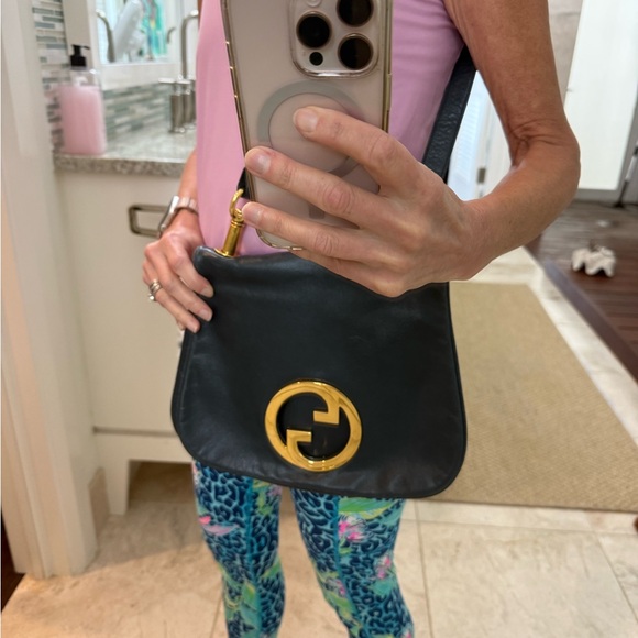 Gucci Handbags - Vintage Gucci Navy Leather Shoulder Bag with Gold Logo